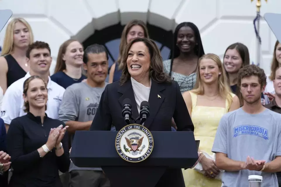 Vice President Kamala Harris speaks from the South Lawn of the White House in Washington, Monday, July 22, 2024, during an event with NCAA college athletes. (AP Photo/Susan Walsh)