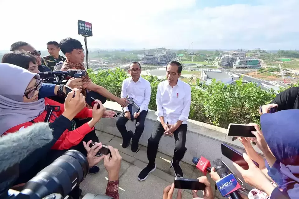 President Joko "Jokowi" Widodo speaking to reporters at the new capital city Nusantara (IKN) on Monday, July 29, 2024. (Presidential Secretariat Office)