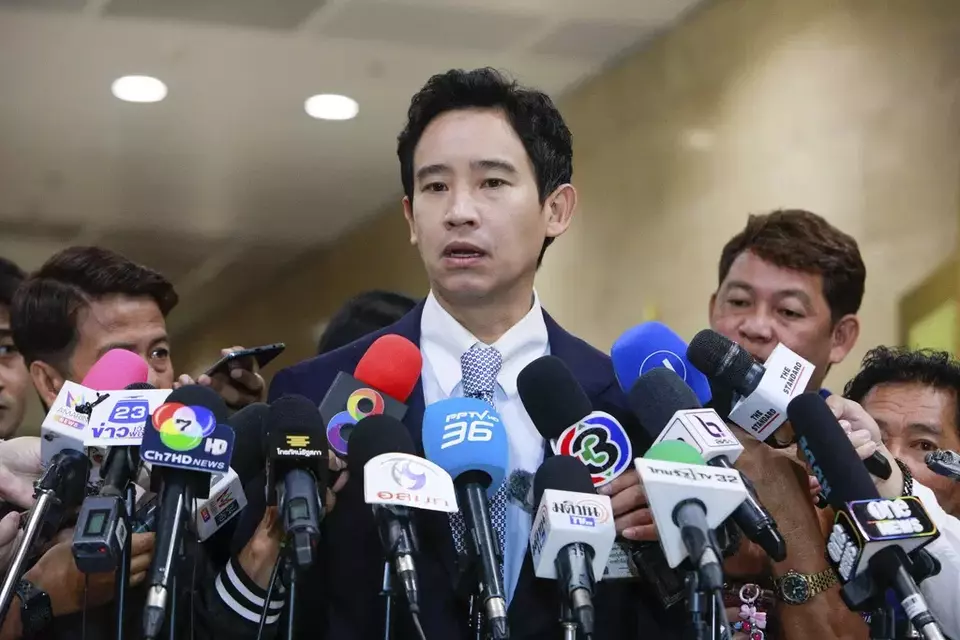 Former leader of Move Forward Party Pita Limjaroenrat talks to reporters at the Parliament in Bangkok, Thailand, Wednesday, Aug. 7, 2024. (AP Photo/Rach Sumetlak)