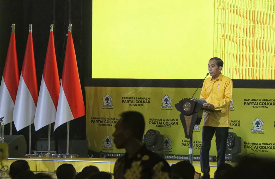 President Joko Widodo delivers a speech at the Golkar Party congress in Jakarta, Wednesday, Aug. 21, 2024. (B-Universe Photo/Joanito De Saojoao)