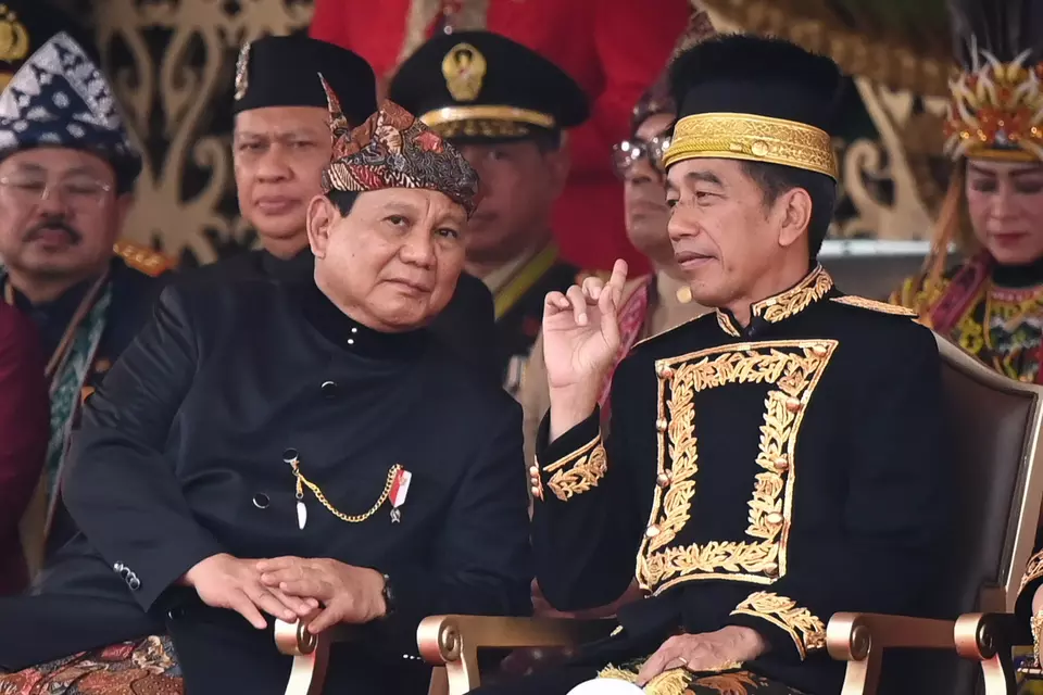 President Joko "Jokowi" Widodo and his successor Prabowo Subianto attend independence day ceremony at the new capital Nusantara on Aug. 17, 2024. (Antara Photo/Hafidz Mubarak A)