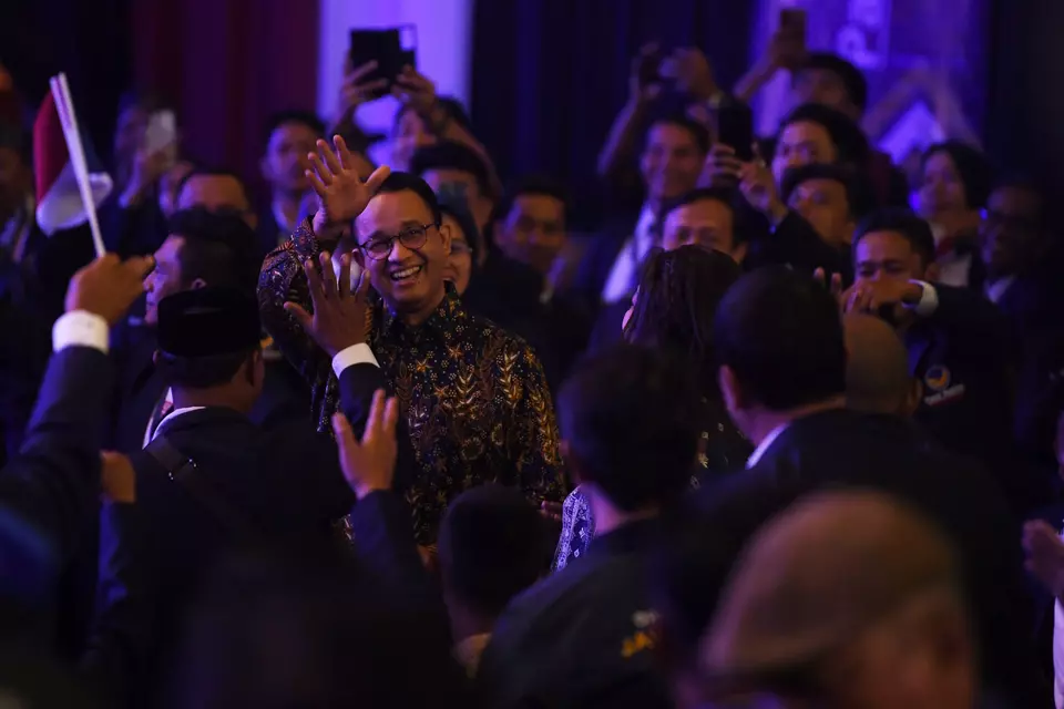 Former Jakarta Governor Anies Baswedan arrives at the Jakarta Convention Center to attend the National Democratic Party (Nasdem) congress, Sunday, Aug. 25, 2024. (Antara Photo/Akbar Nugroho Gumay)