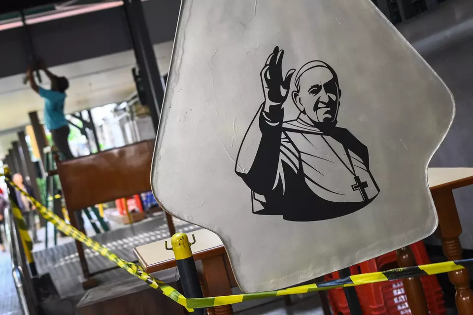 A decoration featuring Pope Francis is displayed at Jakarta Cathedral on Saturday, Aug. 31, 2024. The cathedral has been specially decorated to welcome Pope Francis during his visit to Indonesia from Sept. 3-6, 2024, with a visit to the cathedral scheduled for Sept. 4, 2024. (ANTARA FOTO/Sulthony Hasanuddin).
