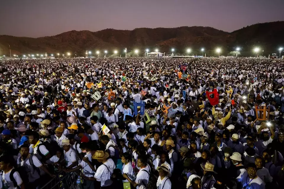 Faithful gather at the Esplanade of Taci Tolu during Pope Francis' apostolic trip to Asia, in Dili, East Timor, Tuesday, Sept. 10, 2024. (Willy Kurniawan/Pool Photo via AP)	