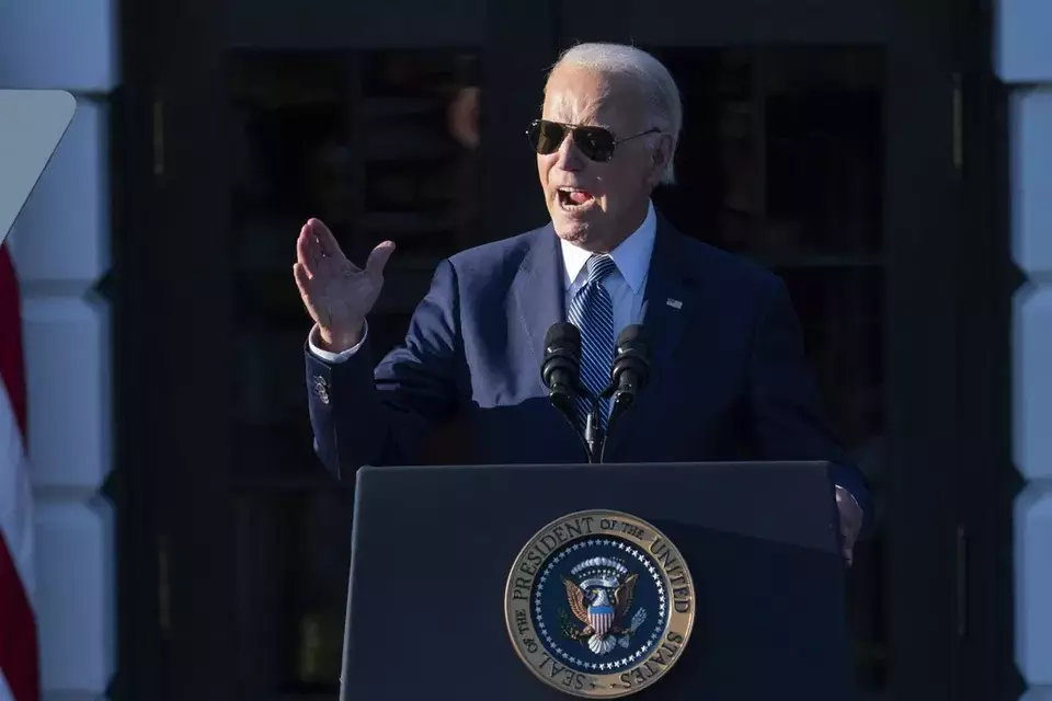 President Joe Biden speaks during the Violence Against Women Act 30th anniversary celebration on the South Lawn of the White House, Thursday, Sept. 12, 2024, in Washington. (AP Photo/Jose Luis Magana)