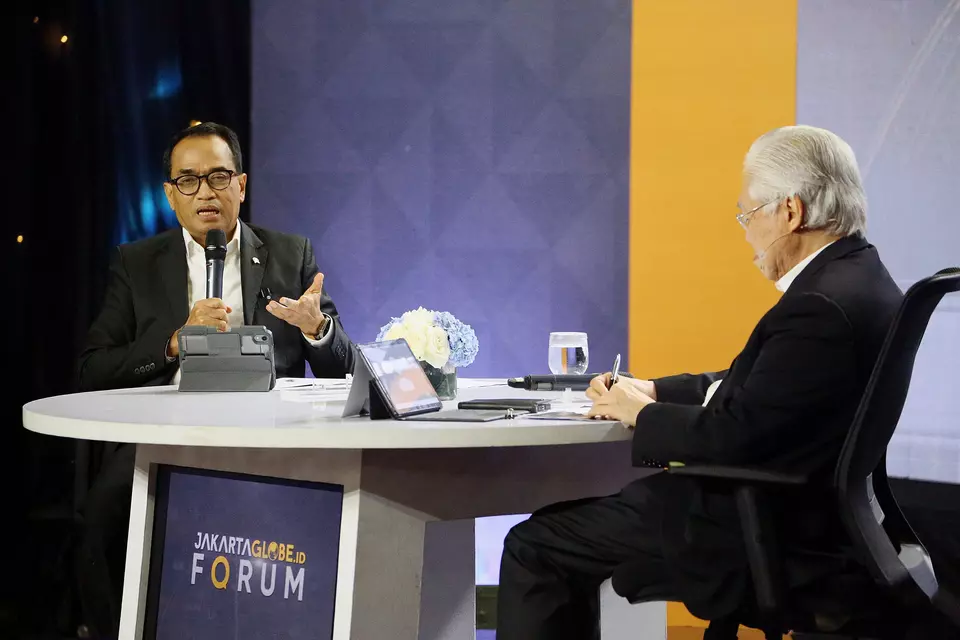 Transportation Minister Budi Karya Sumadi joins the Jakartaglobe.id forum in Jakarta on Sep. 20, 2024. (B Universe Photo/Joanito de Saojao)