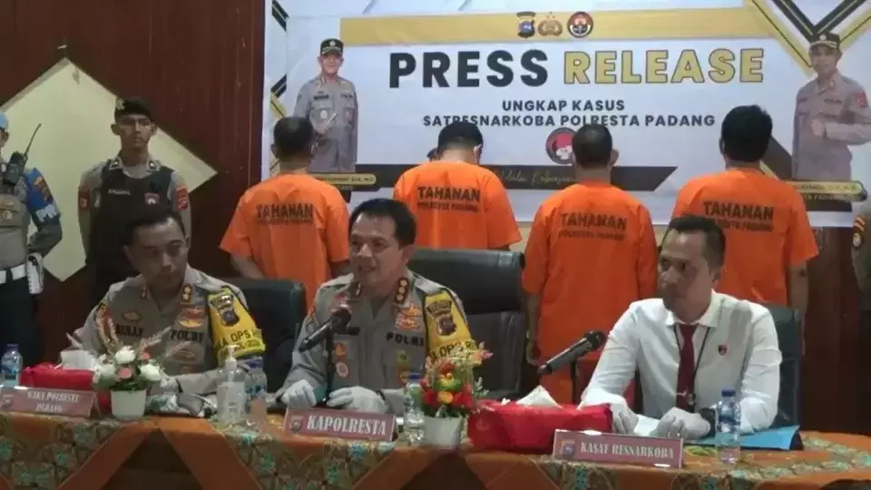 The Padang Metropolitan Police present four drug suspects, including three legislature members of Mentawai islands Regency, during a news conference in Padang, West Sumatra, Monday, Sept. 24, 2024. (B-Universe Photo/Delfi Neski)