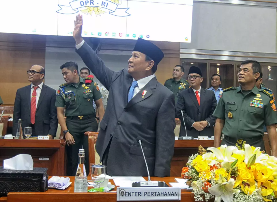 Defense Minister Prabowo Subianto gestures before a hearing with the defense commission of the House of Representatives at the legislature building in Jakarta, Wednesday, Sept. 25, 2024. (B-Universe Photo/Joanito De Saojoao)