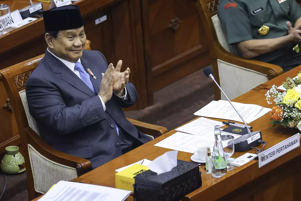 Defense Minister and President-Elect Prabowo Subianto attends a hearing at the House of Representatives in Jakarta on Sep. 25, 2024. (Antara Photo/Dhemas Reviyanto)