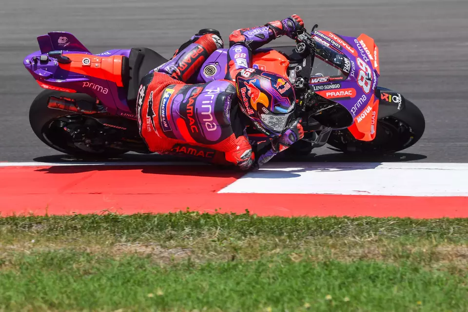 Spanish MotoGP rider Jorge Martin races during the qualifying of the Indonesian Grand Prix at Mandalika Sircuit, Lombok, West Nusa Tenggara, Saturday, Sept. 28, 2024. (Antara Photo/Akbar Nugroho Gumay)