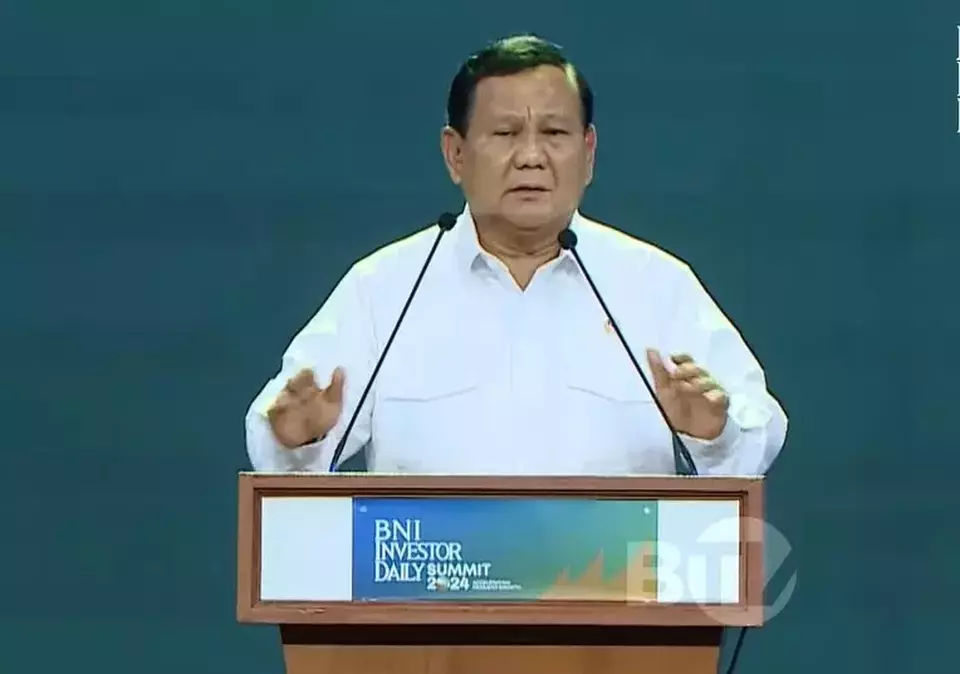 President-elect Prabowo Subianto speaks in the BNI Investor Daily Summit at the Jakarta Convention Center, Wednesday, Oct. 9, 2024. (Videography)