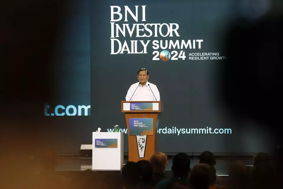 President-elect Prabowo Subianto speaks in the BNI Investor Daily Summit at the Jakarta Convention Center, Wednesday, Oct. 9, 2024.(David Gita Roza)