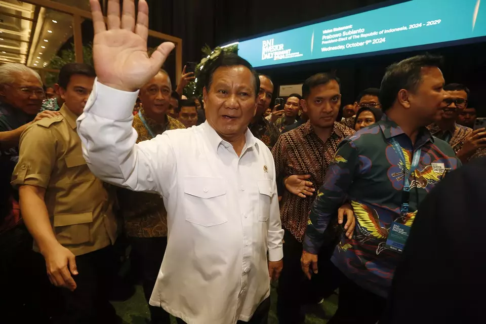 President-elect Prabowo Subianto attends the BNI Investor Daily Summit at the Jakarta Convention Center, Wednesday, Oct. 9, 2024. (David Gita Roza)