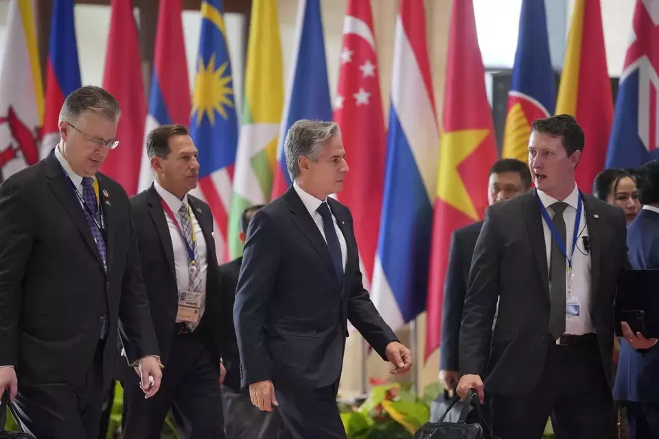 US Secretary of State Antony Blinken, center, arrives during the 12th Association of Southeast Asian Nations (ASEAN) -U.S. Summit in Vientiane, Laos, Friday, Oct. 11, 2024. (AP Photo/Dita Alangkara)