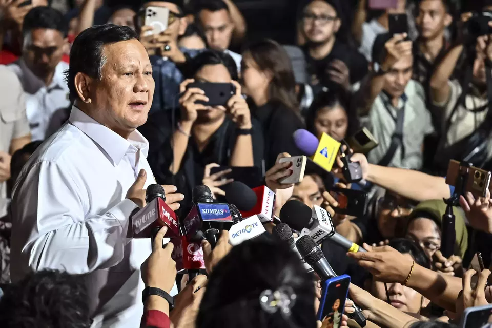 President-elect Prabowo Subianto addresses the press following a meeting with 49 prominent figures at his residence in Kertanegara, South Jakarta, on Monday, Oct. 14, 2024. (Antara//Aprillio Akbar)