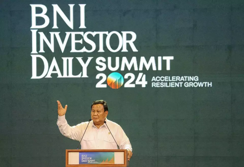 President-Elect Prabowo Subianto delivers his vision statement at the 2024 BNI Investor Daily Summit in Jakarta on Oct. 9, 2024. (B1 Photo/Joanito de Saojao)