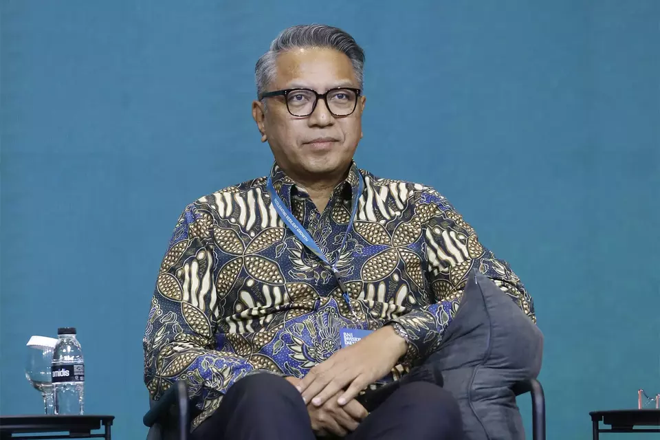Agung Prabowo, the Wholesale & International Banking Director at PT Bank Negara Indonesia (Persero), becomes a panelist at the 2024 BNI Investor Daily Summit in Jakarta on Oct. 8, 2024. (B1 Photo/David Gita Roza)
