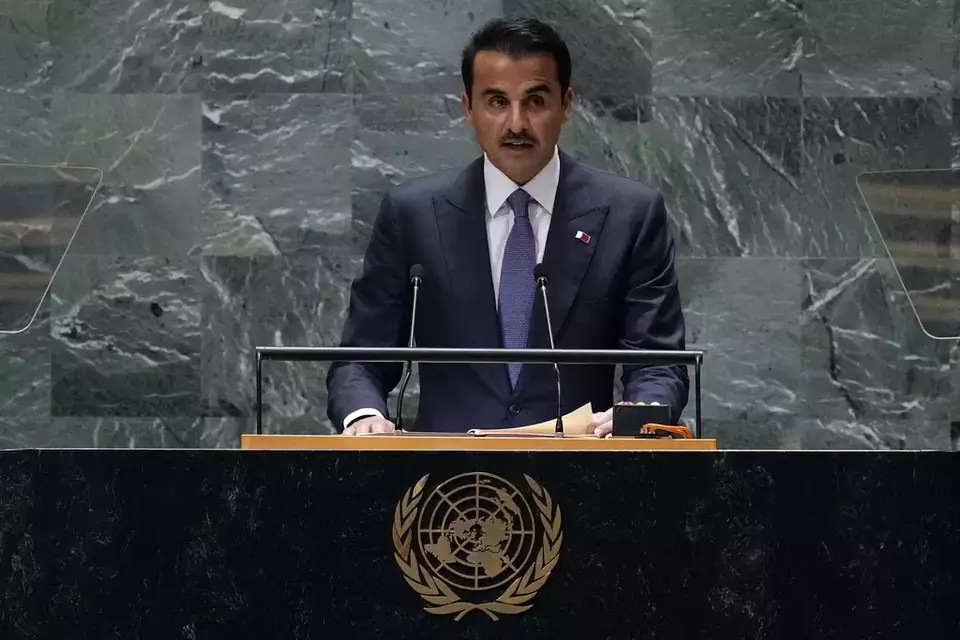 FILE - Qatari ruling emir Sheikh Tamim bin Hamad Al Thani addresses the 79th session of the United Nations General Assembly, Tuesday, Sept. 24, 2024. (AP Photo/Richard Drew, File)