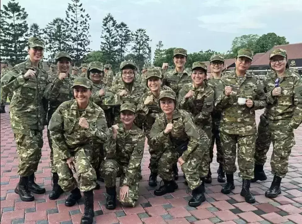 Female ministers and deputy ministers of the Red and White Cabinet pose for a group photo after exercising and participating in marching drills at Sapta Marga Field, Military Academy in Magelang, on Saturday, October 26, 2024. (Instagram @zitaanjani)