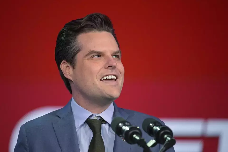 FILE - Representative Matt Gaetz from Florida speaks at the Republican Party of Florida Freedom Summit, Nov. 4, 2023, in Kissimmee, Fla. (AP Photo/Phelan M. Ebenhack)