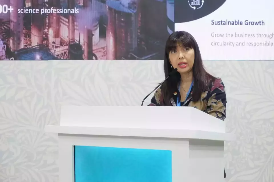 Rita Alim, Deputy Director for External Relations at APRIL Group, speaks at a COP29 panel in Azerbaijan on Nov. 16, 2024. (Photo Courtesy of APRIL Group)
