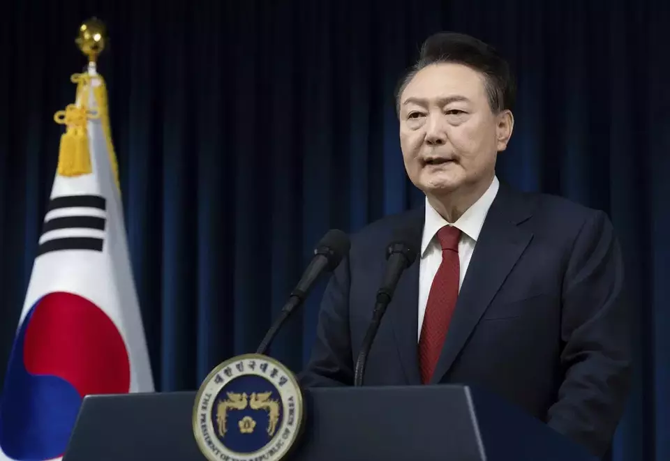 South Korean President Yoon Suk Yeol speaks at the presidential office in Seoul, South Korea, Saturday, Dec. 7, 2024. (South Korean Presidential Office/Yonhap via AP)