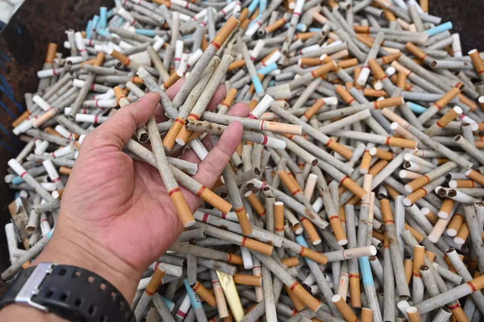 A customs officer shows the illicit cigarette sticks that he is about to destroy in Palu on Dec. 12, 2024. (Antara Photo/Basri Marzuki)