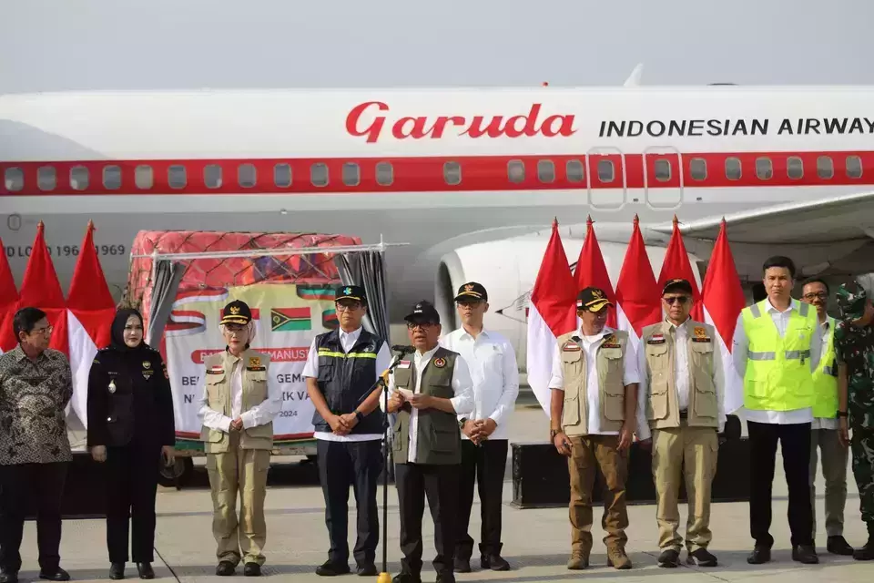 Chief Human Development and Cultural Affairs Minister Pratikno, representing President Prabowo Subianto, dispatches humanitarian aid for Vanuatu earthquake victims from Halim Perdanakusuma Air Base, Jakarta, on Saturday, Dec. 28, 2024.