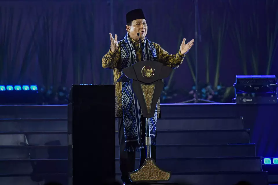 President Prabowo Subianto addresses the National Christmas Celebrations event in Jakarta on Dec. 28, 2024. (Antara Photo/Muhammad Adimaja)