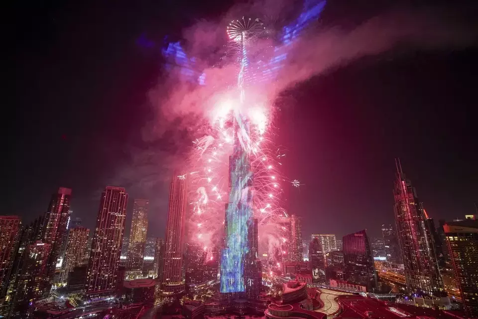 Fireworks explode at the Burj Khalifa, the world's tallest building, during the New Year's Eve celebration in Dubai, United Arab Emirates, Wednesday, Jan. 1, 2025. (AP Photo/Altaf Qadri)