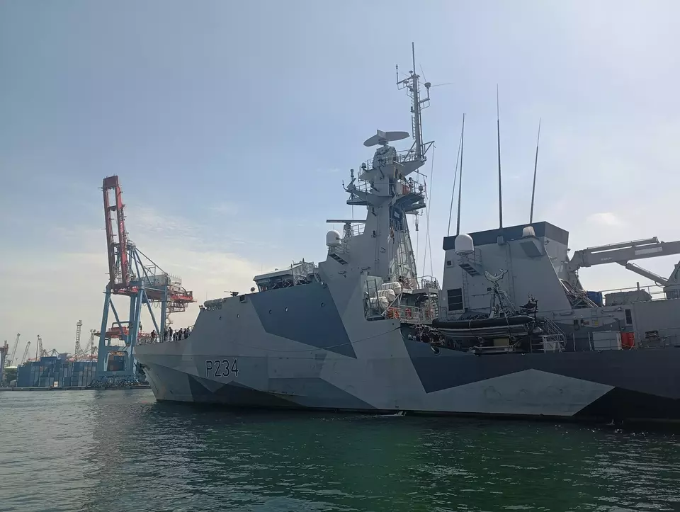 Royal Navy's HMS Spey docks at Tanjung Priok Port in Jakarta on Jan. 15, 2025. (JG Photo/Jayanty Nada Shofa)