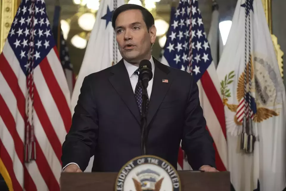 US Secretary of State Marco Rubio speaks after being sworn in by Vice President JD Vance in Vice Presidential Ceremonial Office in the Eisenhower Executive Office Building on the White House campus on Jan. 21, 2025. (AP Photo/Evan Vucci)