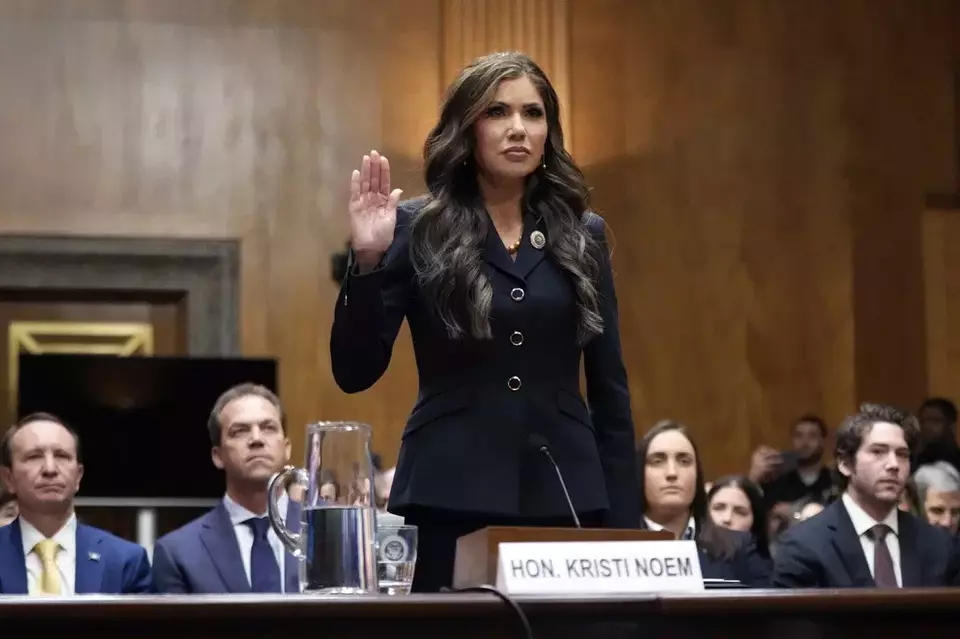 FILE - South Dakota Governor Kristi Noem, President Donald Trump s pick to be Secretary of Homeland Security, is sworn in before the Senate Homeland Security and Governmental Affairs Committee for her confirmation hearing, at the Capitol in Washington, Jan. 17, 2025. (AP Photo/Ben Curtis, File)