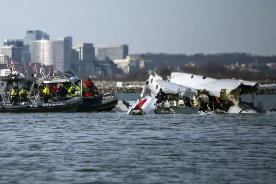 In this image provided by the US Coast Guard, wreckage is seen in the Potomac River near Ronald Reagan Washington National Airport, Thursday, Jan. 30, 2025 in Washington. (Petty Officer 2nd Class Taylor Bacon, U.S. Coast Guard via AP)