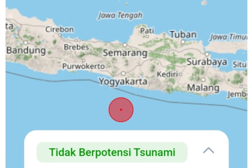 The earthquake in Yogyakarta occurred at sea, approximately 100 kilometers southwest of Gunungkidul. February, 1, 2025. (Beritasatu.com)