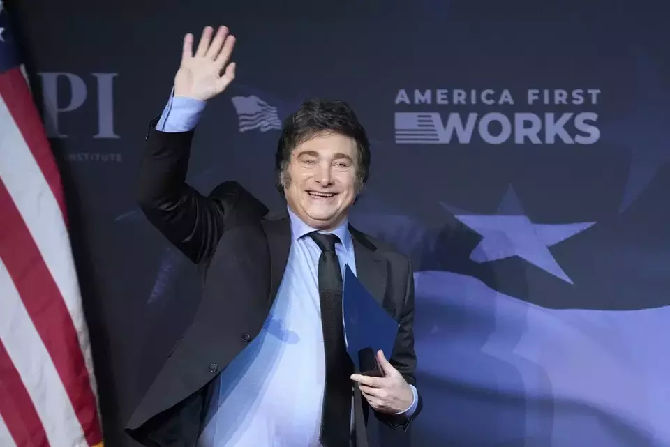 Argentina's President Javier Milei arrives to speak at Mar-a-Lago, Nov. 14, 2024, in Palm Beach, Fla. (AP Photo/Alex Brandon)