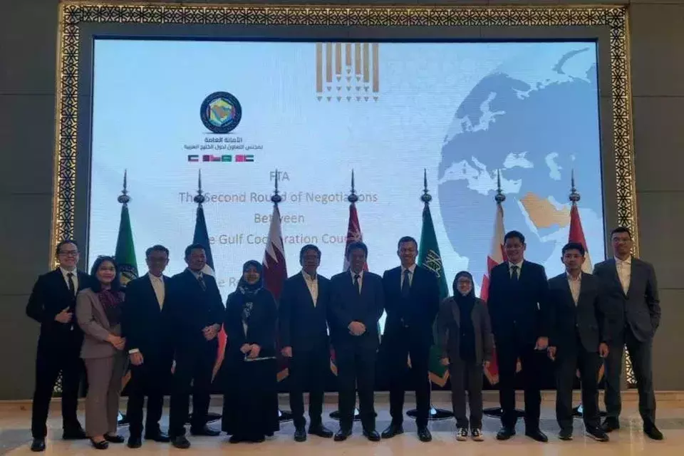 Delegates participate in the Second Round of Indonesia-GCC Free Trade Agreement (I-GCC FTA) negotiations, held in a hybrid format on Feb. 3-6, 2025, in Riyadh, Saudi Arabia. (Handout/Trade Ministry)