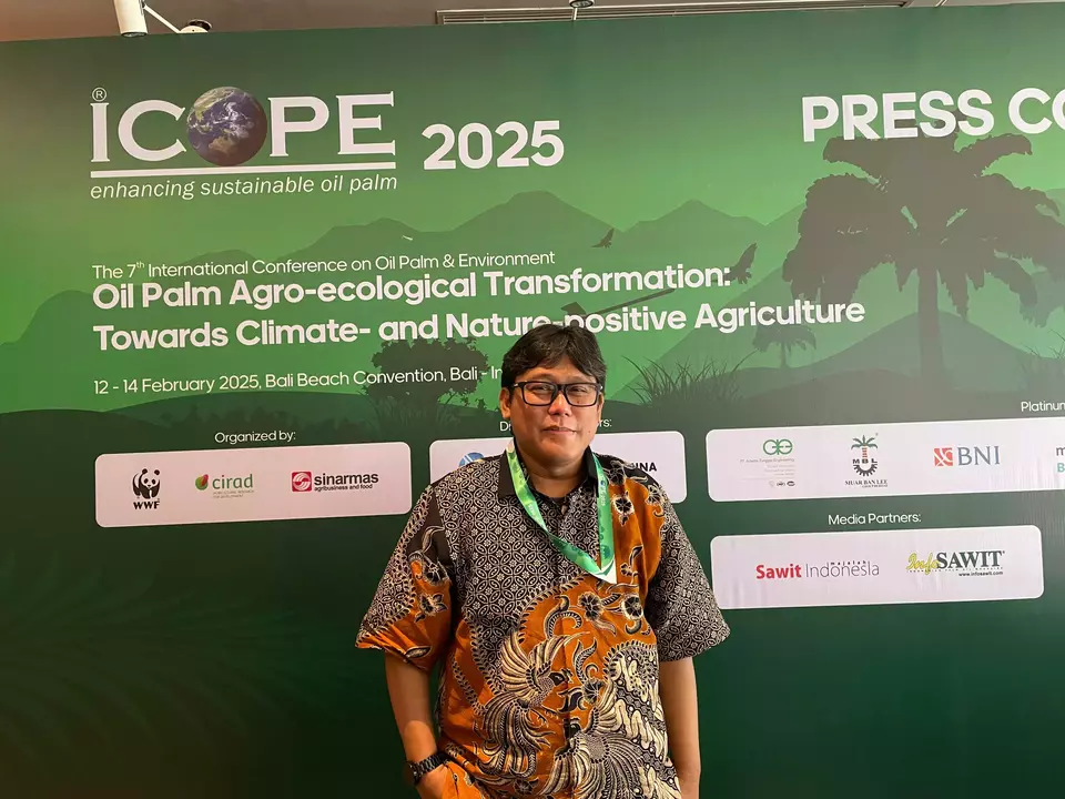 Irfan Bakhtiar, Director of Climate and Market Transformation at WWF-Indonesia, speaking to reporters at the 7th International Conference on Oil Palm and Environment (ICOPE) at the Bali Beach Convention, on Thursday, Feb. 13, 2025. (The Jakarta Globe/Faisal Maliki Baskoro)