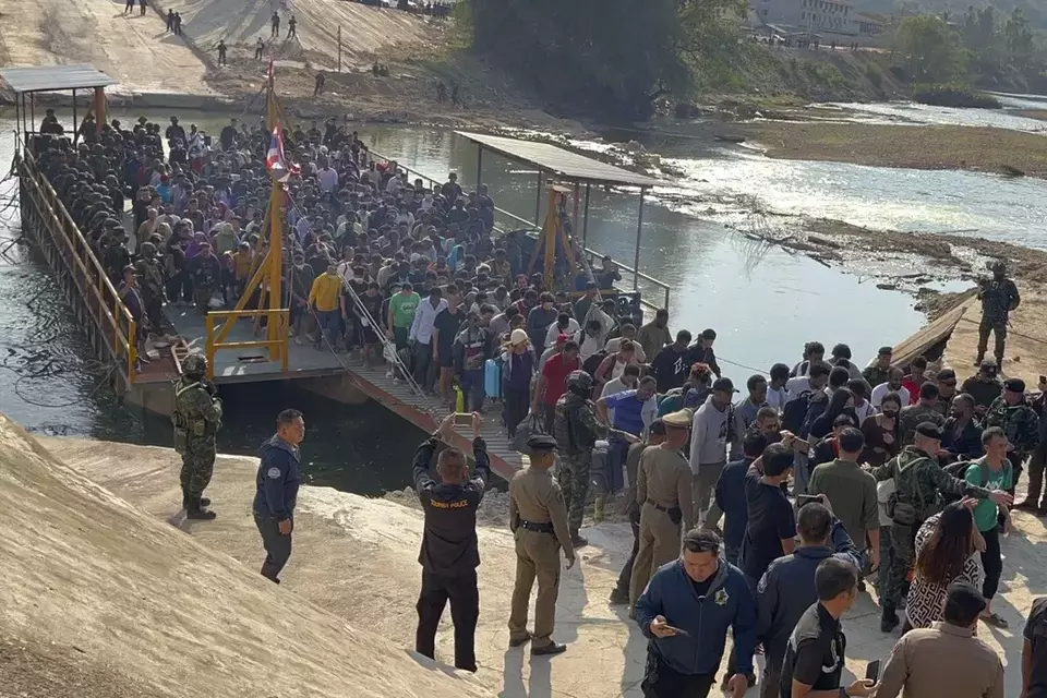 In this photo released by Royal Thai Army, more than 250 people from 20 nations who were reportedly rescued from alleged scam centers in Myanmar, as they crossed into Thailand's Tak province on Wednesday, Feb. 12, 2025. (Royal Thai Army, by Army Spokesperson via AP)