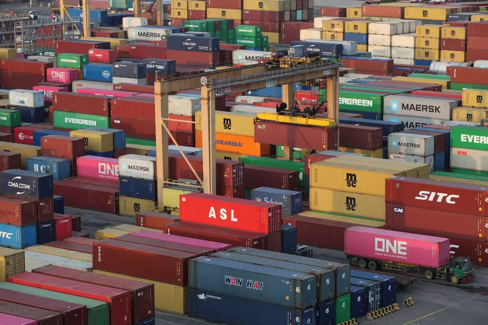 This aerial photo shows a container yard as seen in Surabaya on Feb. 5, 2025. (Antara Photo/Didik Suhartono)