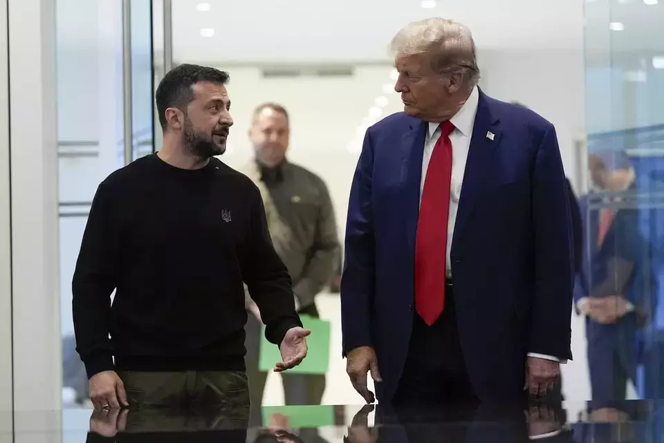 FILE - President Donald Trump meets with Ukraine's President Volodymyr Zelensky at Trump Tower, Sept. 27, 2024, in New York. (AP Photo/Julia Demaree Nikhinson, File)
