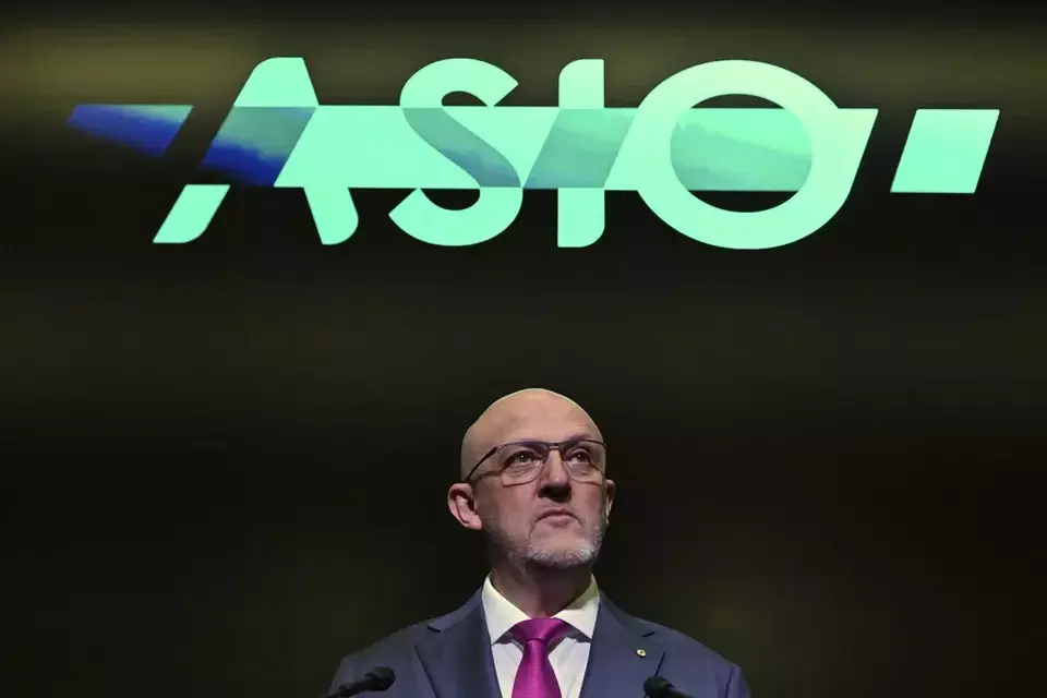 Australian Security Intelligence Organisation (ASIO) Director General Mike Burgess poses for a portrait ahead of his annual threat assessment speech at ASIO headquarters in Canberra, Wednesday, Feb. 19, 2025. (Mick Tsikas/AAP Image via AP)