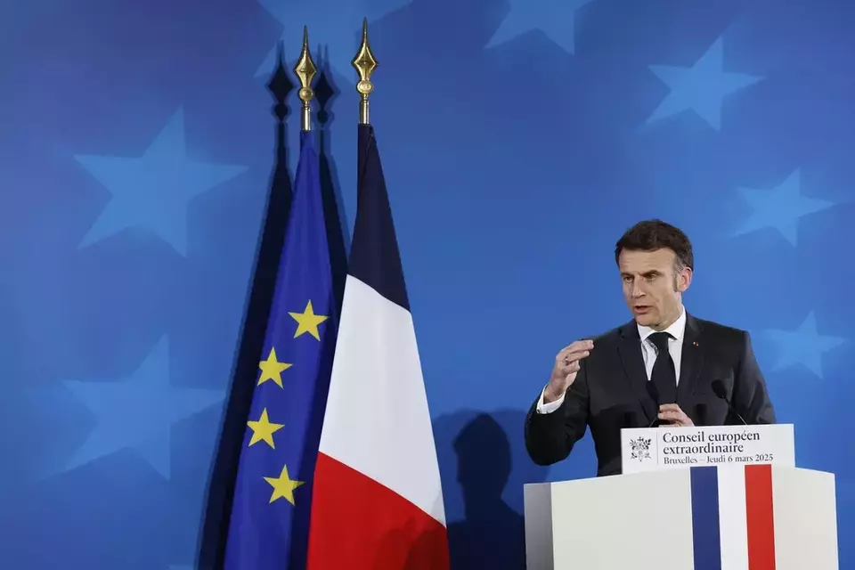 French President Emmanuel Macron speaks during a media conference at an EU Summit in Brussels, Thursday, March 6, 2025. (AP Photo/Omar Havana)