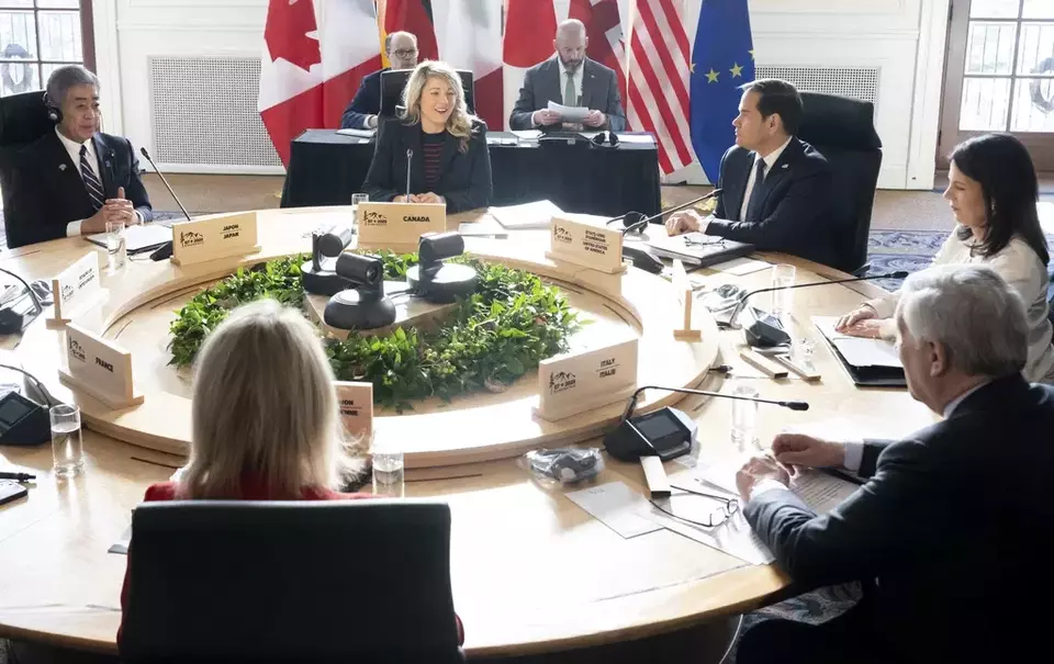 From left, Japanese Foreign Minister Iwaya Takeshi, Canadian Foreign Minister Melanie Joly, US Secretary of State Marco Rubio, German Foreign Minister Annalena Baerbock, Italian Foreign Minister Antonio Tajani and EU foreign policy chief Kaja Kallas attend the G7 foreign ministers meeting in La Malbaie, Canada, Friday, March 14, 2025. (Saul Loeb, Pool Photo via AP)