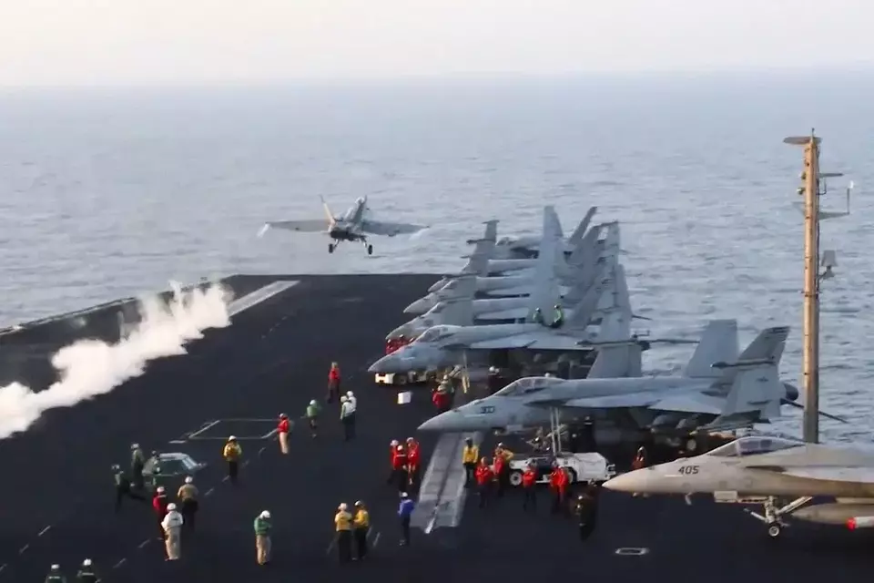 This image taken from a video provided by the US Navy shows an aircraft launching from the USS Harry S. Truman in the Red Sea before airstrikes in Sanaa, Yemen, Saturday, March 15, 2025. (U.S. Navy via AP)