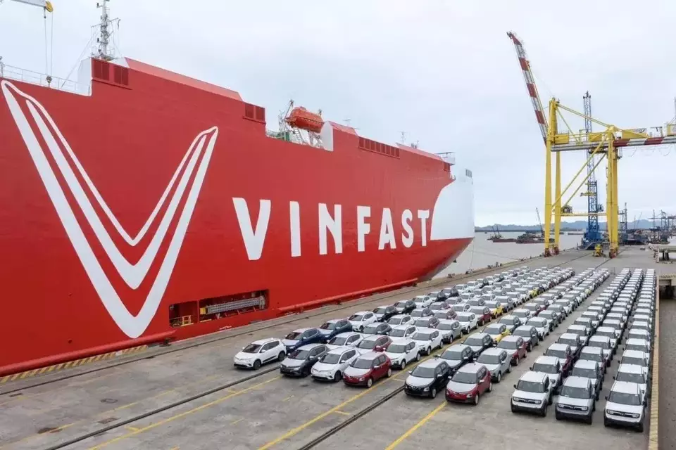 Lines of VinFast electric cars await shipment for Indonesia near a cargo ship at Hai Phong Port in Vietnam, Saturday, March 8, 2025. (Photo courtesy of VinFast Indonesia)