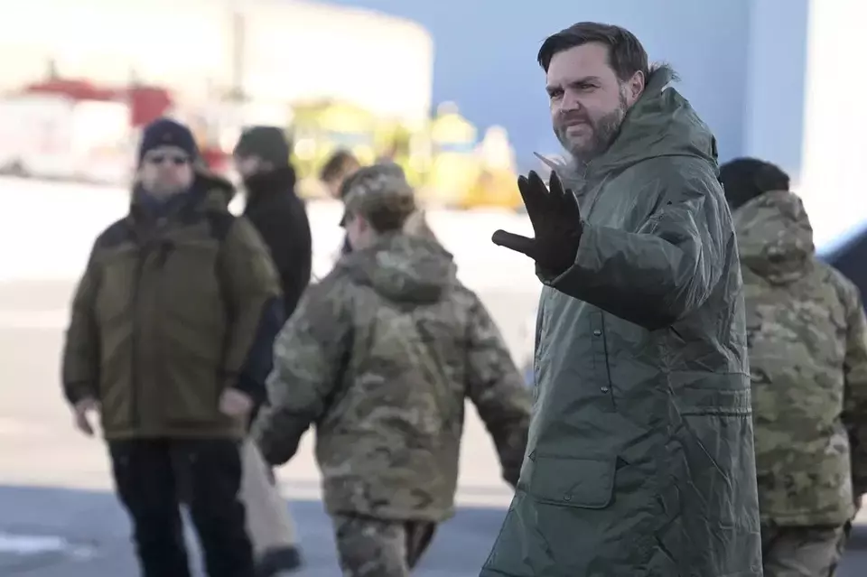 US Vice President JD Vance arrives at Pituffik Space Base in Greenland, Friday, March 28, 2025. (Jim Watson/Pool via AP)