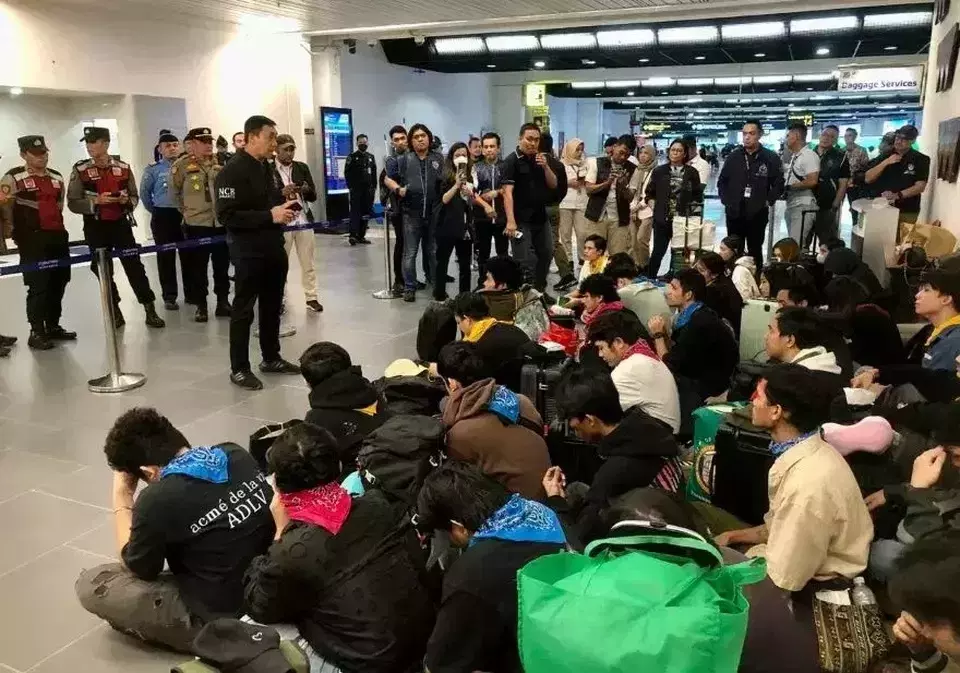 Dozens of Indonesian citizens wait for repatriation at the Philippine airport over charges of involvement in an online scam syndicate, Saturday, March 29, 2025. (Handout)