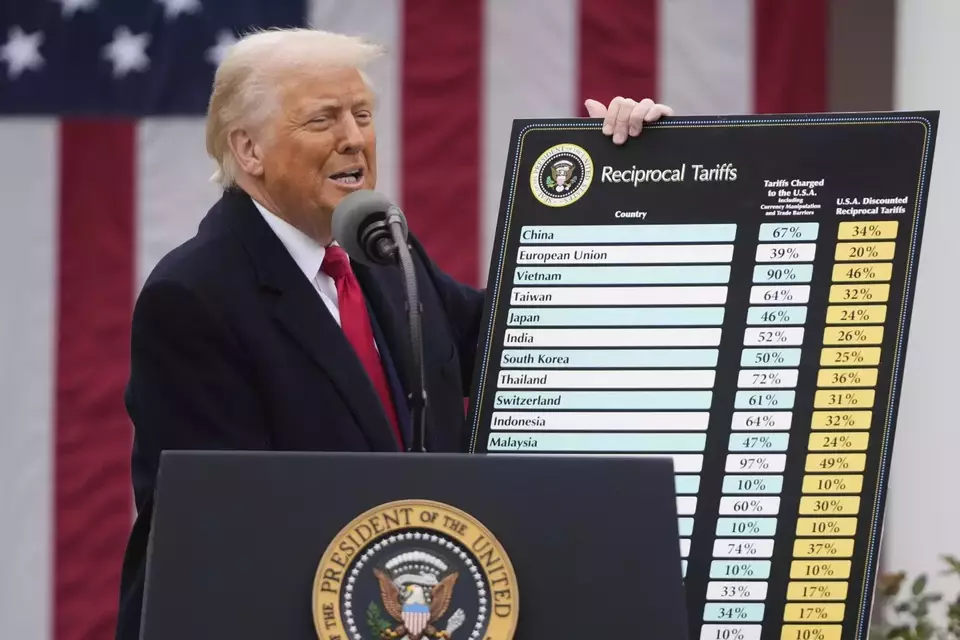 US President Donald Trump speaks during an event to announce new tariffs in the Rose Garden at the White House on April 2, 2025. (AP Photo/Mark Schiefelbein)