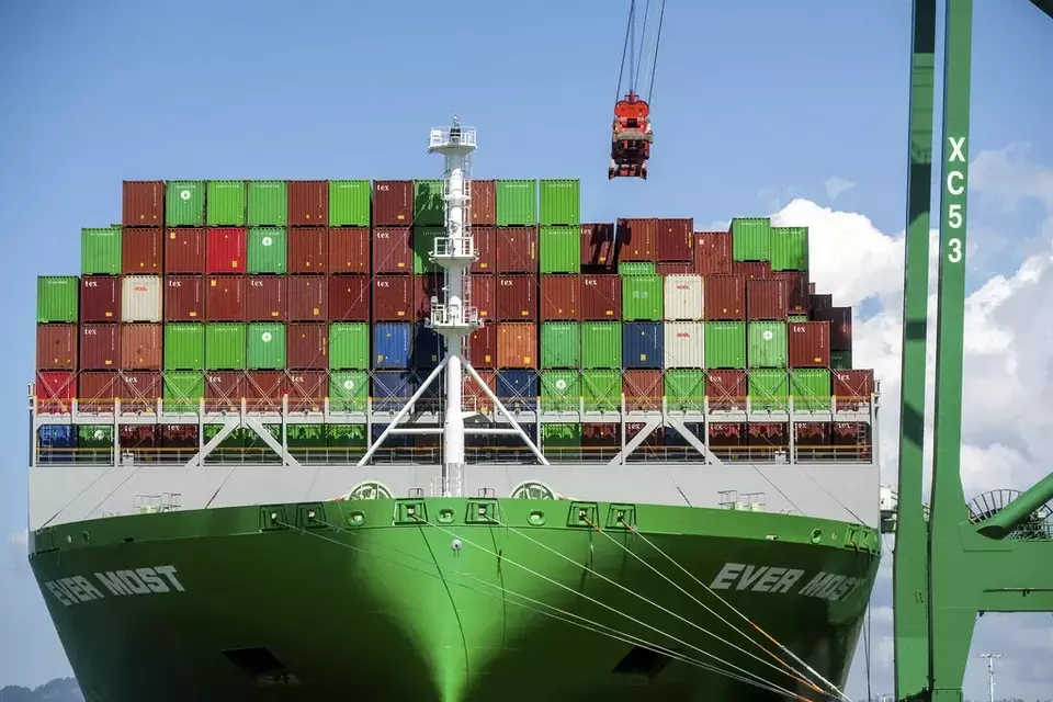 Shipping containers line the Ever Most cargo vessel docked at the Port of Oakland on Thursday, April 3, 2025, in Oakland, California. (AP Photo/Noah Berger)